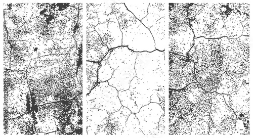 Three Grunge Cracked Texture Overlays Set Black and White Abstract Vector Background Distress Speckle Grain Effect