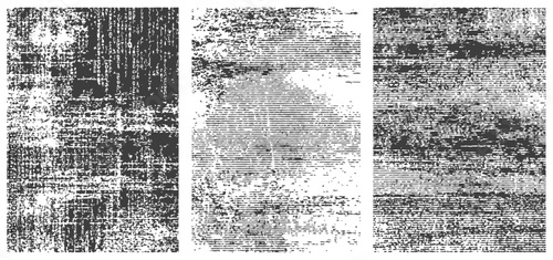Set of three grunge distressed vector textures with scratches noise and horizontal line patterns for overlay background effects