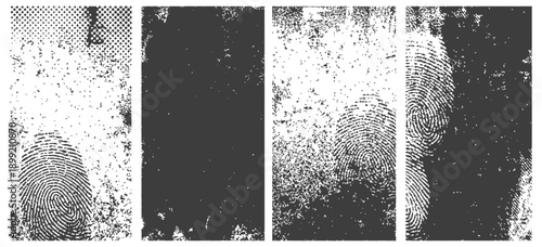 Abstract vector distress texture backgrounds set with fingerprint and halftone effects monochrome graphic elements
