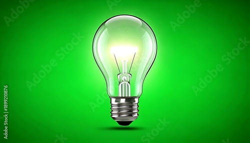 A glowing incandescent lightbulb shines brightly against a vibrant green backdrop, its filament illuminating