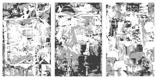 Trio of distressed grunge vector textures with horizontal halftone lines Black and white ripped poster wall background effect