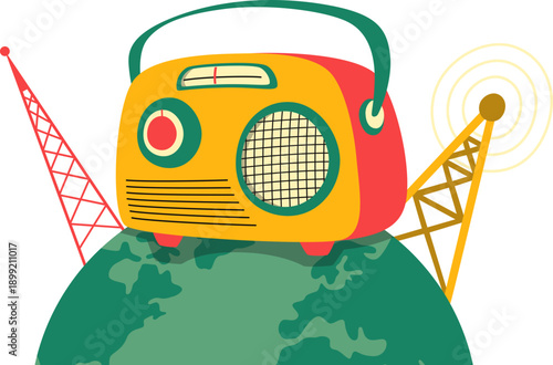 World radio day illustration. Radio, tower, communication, audio, podcast vector isolated for banner, flyer, poster.