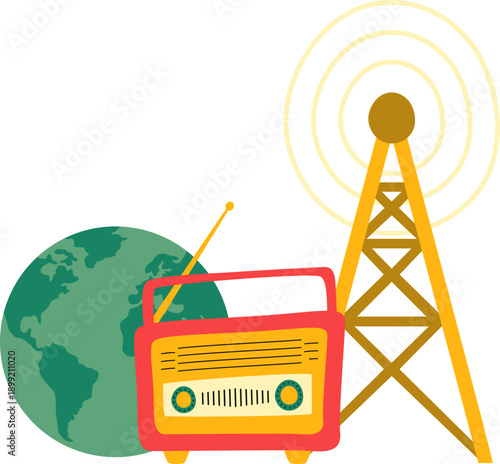 World radio day illustration. Radio, tower, communication, audio, podcast vector isolated for banner, flyer, poster.