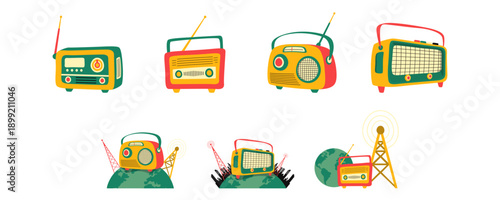 Set of world radio day illustration. Radio, tower, communication, audio, podcast vector isolated for banner, flyer, poster.