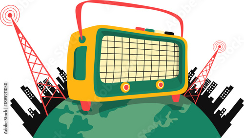 World radio day illustration. Radio, tower, communication, audio, podcast vector isolated for banner, flyer, poster.