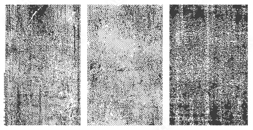 Three Black and White Grunge Textures Set Distressed Vintage Vector Overlays Rough Scratched Damaged Abstract Background Design Elements
