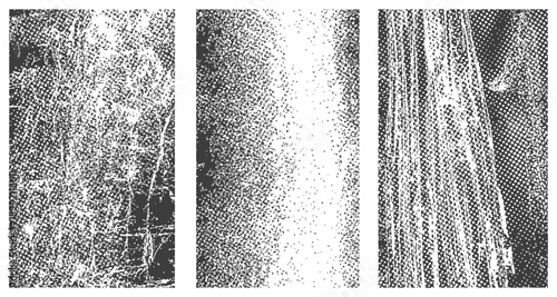 Set of three vertical grunge textures with halftone patterns distressed effect black and white vector pack