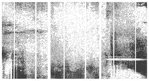 Abstract distressed grain texture background set in vertical panels Black and white vector noise overlay for vintage effects