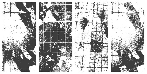 Four Abstract Grunge Vector Textures Set with Grid Geometric Shapes Distressed Black and White Overlay Backgrounds