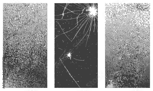 Vector Grunge Texture Kit Halftone Dot Pattern and Cracked Broken Glass Screen Overlay Distress Effect Graphic Resource Black and White