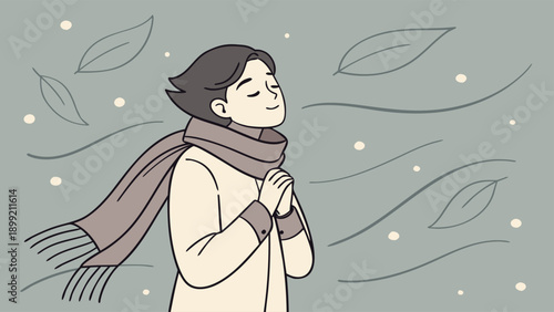 Soft vector scene of a person standing peacefully in a winter setting with leaves and snow, evoking calmness and serenity.