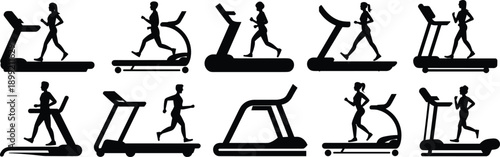 Treadmill running silhouette collection isolated on white background, men and women exercising on gym cardio machines for fitness and design use