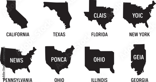 Collection of US State Silhouettes with Labels