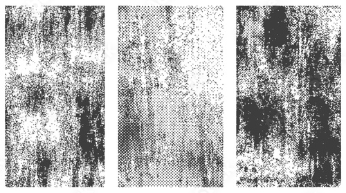 Set of three vertical black and white vector grunge textures overlays including noise distressed grit and halftone pattern backgrounds