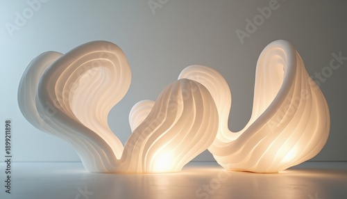 Abstract White Sculptural Forms Illuminated with Warm Interior Light Against a Neutral Background Minimalist Interior