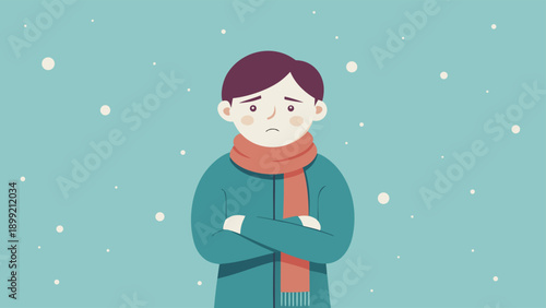 Stylized vector illustration of a person shivering under falling snow, conveying a chilly winter mood.