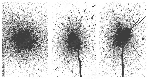 Three black paint splatter grunge texture elements isolated on white background set
