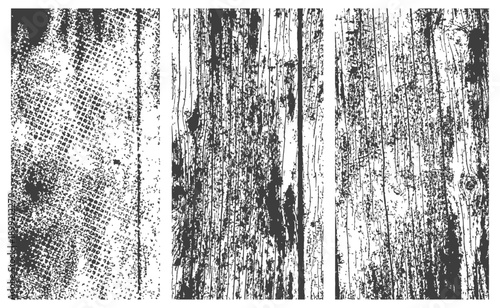 Set of Three Grunge Distressed Textures Vector Graphic Old Wood Grain and Halftone Monochrome Overlay Backgrounds