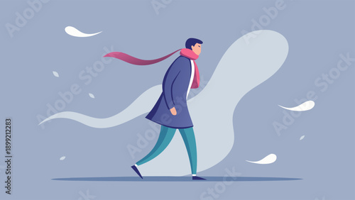 A person walks alone with a scarf blowing in the wind on a crisp outdoor day.