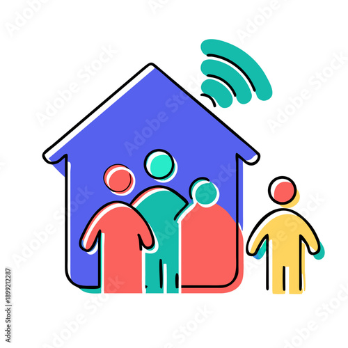 A diverse family of four with a child and a baby enjoying their smart home Vector