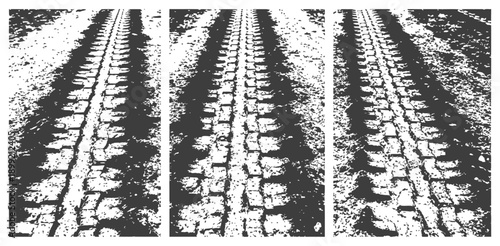 Distressed Tire Track Vector Set Black and White Grunge Background Textures