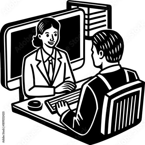 Three people are having a discussion in a professional office setting. Vector