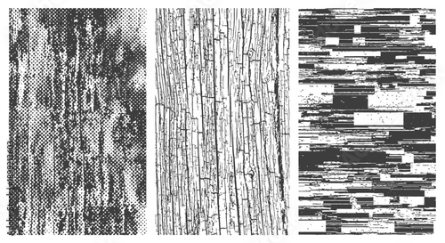 Black and White Grunge Texture Set Vector Halftone Wood Grain and Abstract Distress Backgrounds
