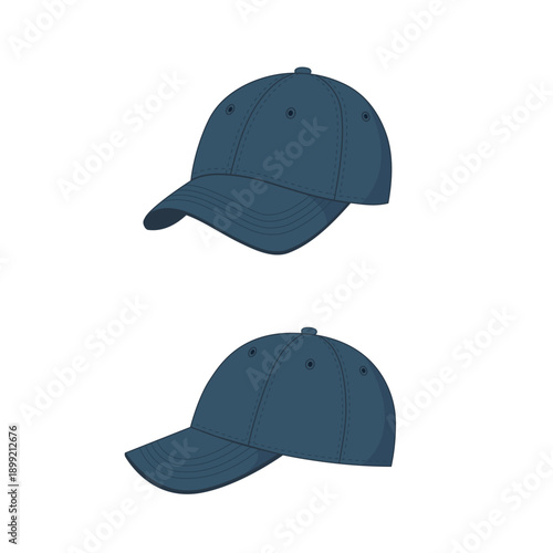 Minimal illustration of a blue baseball cap shown from front and side angles, perfect for fashion, apparel, or branding use.
