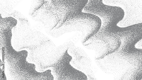 Abstract swirling grey and white dot pattern with organic flowing shapes and textured gradients background