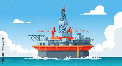 Offshore oil rig platform in the ocean under a blue sky with clouds.