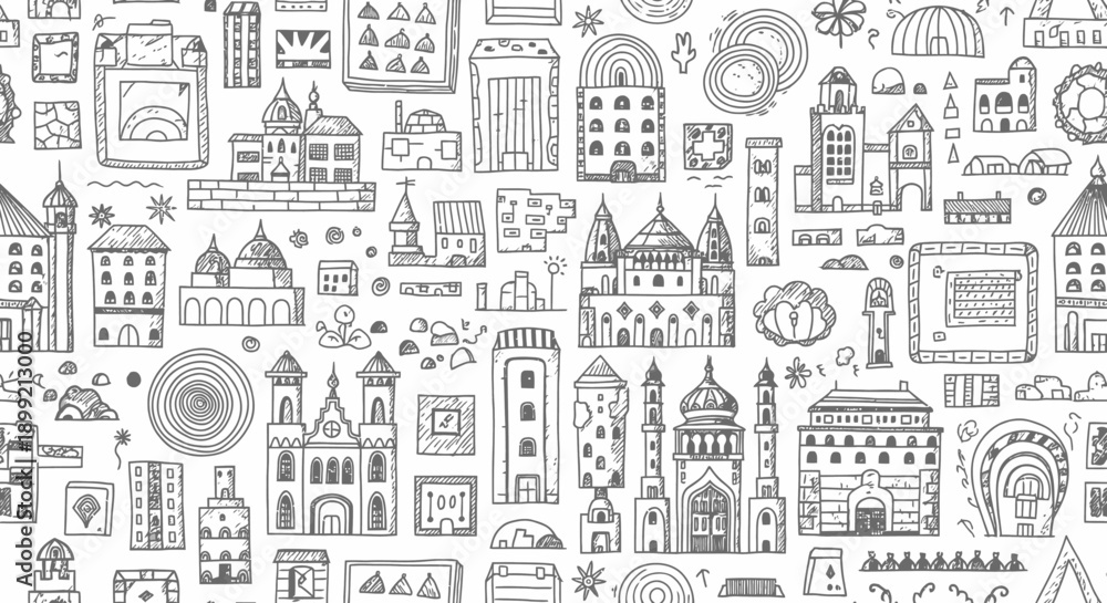 Obraz premium City Landmarks Illustration, Urban Sketches, Creative Design, Hand-drawn Style