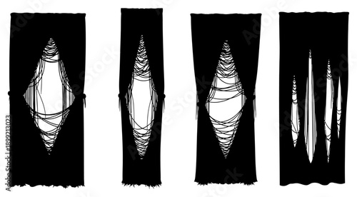 Distressed black curtains silhouette collection set of four Torn and shredded drapes vector graphic for horror or stage design