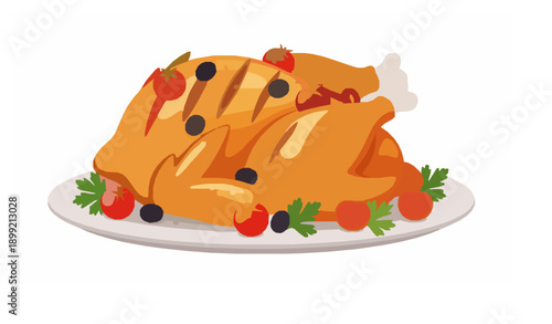 Cartoon grilled chicken platter vector illustration isolated on white