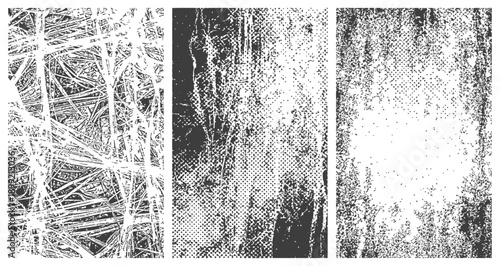 Black and White Grunge Textures Set Three Vertical Vector Overlays with Halftone Scratches and Dust Grain Effects