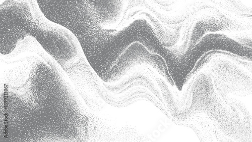 Abstract grey and white stippled wave pattern with organic flowing shapes dots