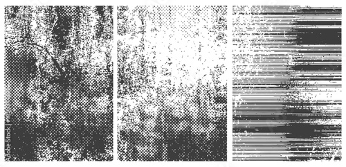 Three Grunge Texture Vector Set Halftone Dot Pattern Noise and Horizontal Lines Distress Effect Black and White Overlays