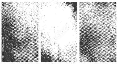 Three Abstract Vector Grunge Halftone Textures Set Dark Noise Gradient Overlay Backgrounds