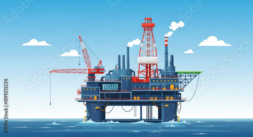 Offshore oil rig platform in the ocean under a blue sky with clouds.