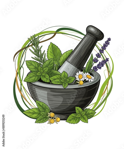 Detailed illustration of a dark stone mortar and pestle surrounded by fresh green herbs, including mint, lavender, and chamomile flowers on white background