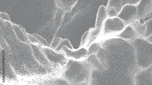 Abstract digital landscape of white dots forming undulating terrain on gray background