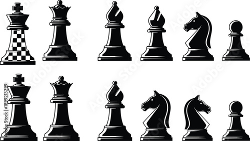 Premium black and white chess piece icons set with king queen bishop knight and pawn illustrations isolated on white background for strategy games design (24 words)