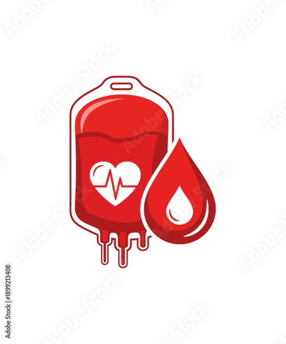 Vibrant red blood donation bag icon featuring a prominent heart with an electrocardiogram lifeline symbol beside a large droplet on white background