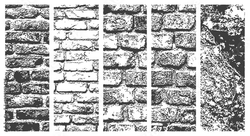 Five Distressed Vector Textures Vintage Grunge Brick Wall and Stone Surface Banners High Contrast Black and White Background Graphic Resource