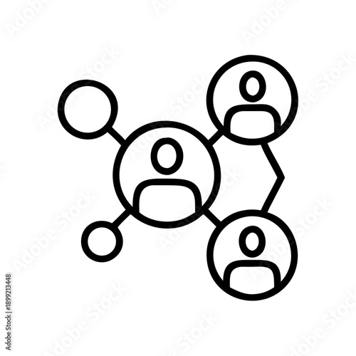 Three interconnected individuals with a central figure and surrounding nodes. Vector