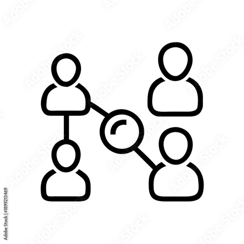 Three individuals connected by a magnifying glass symbolizing investigation and analysis Vector