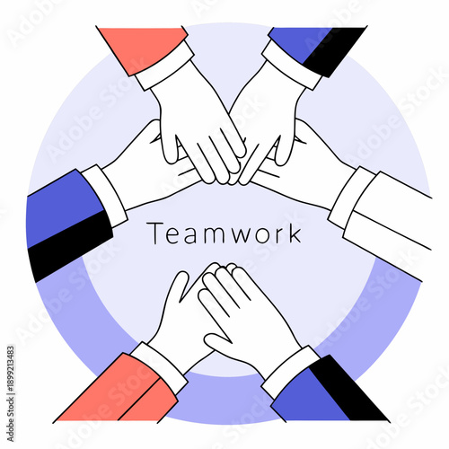 Diverse hands forming a circle with the word teamwork in the center Vector