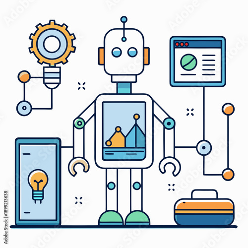 A friendly robot surrounded by various household appliances and devices. Vector