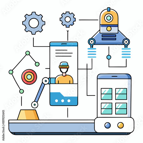 A futuristic scene with robots and advanced technology interacting with various devices Vector