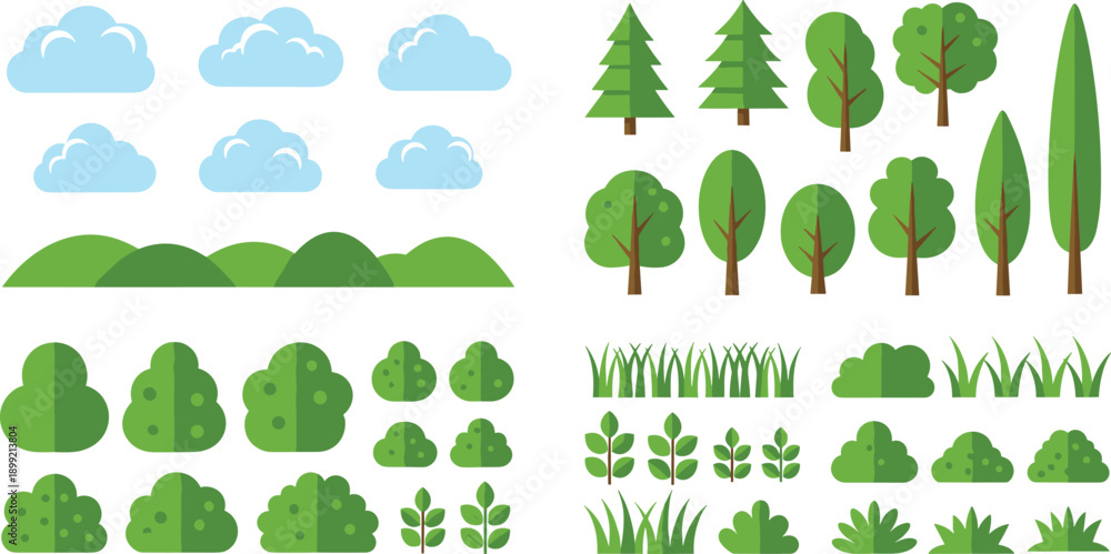 Fototapeta premium Flat nature elements illustration set, clouds hills trees bushes grass, green landscape assets collection, cartoon outdoor vector design
