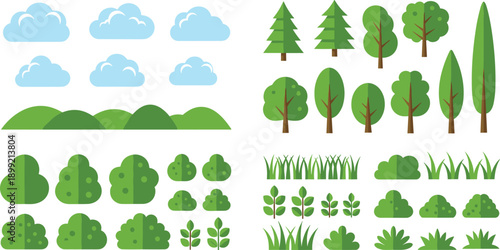 Flat nature elements illustration set, clouds hills trees bushes grass, green landscape assets collection, cartoon outdoor vector design